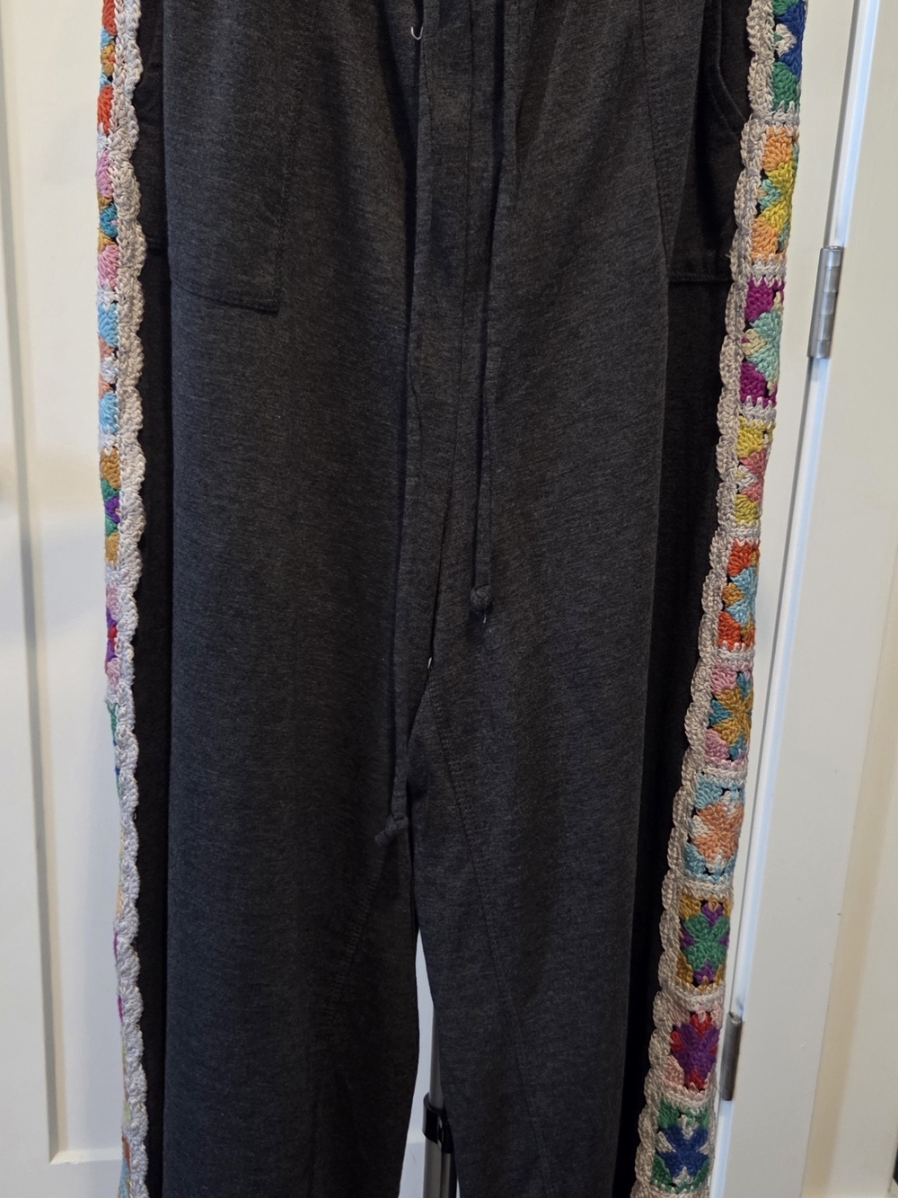 124. Womens Wide Leg Charcoal Bottoms with Multicolor Crochet Trim